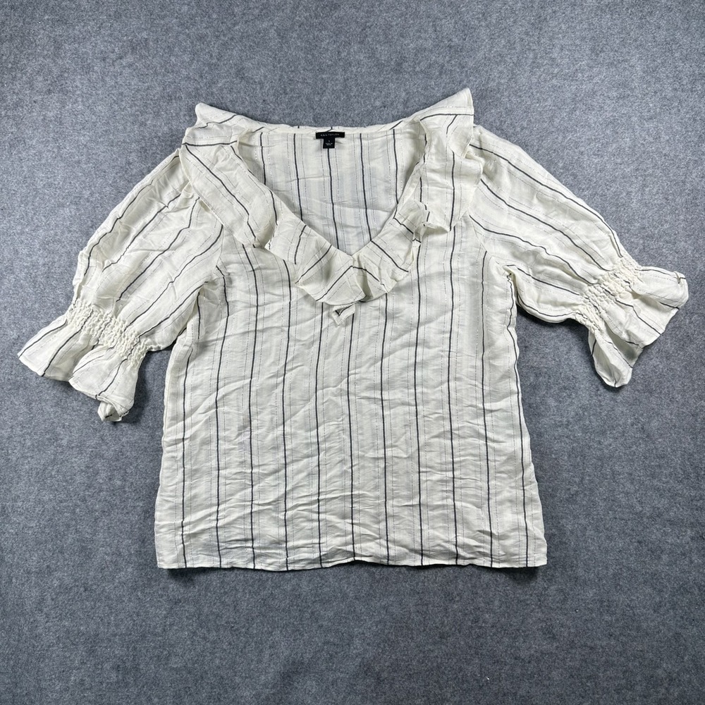 Ann Taylor Ruffle Neck Blouse‎ Small White Pinstripe Metallic Smocked Cuff